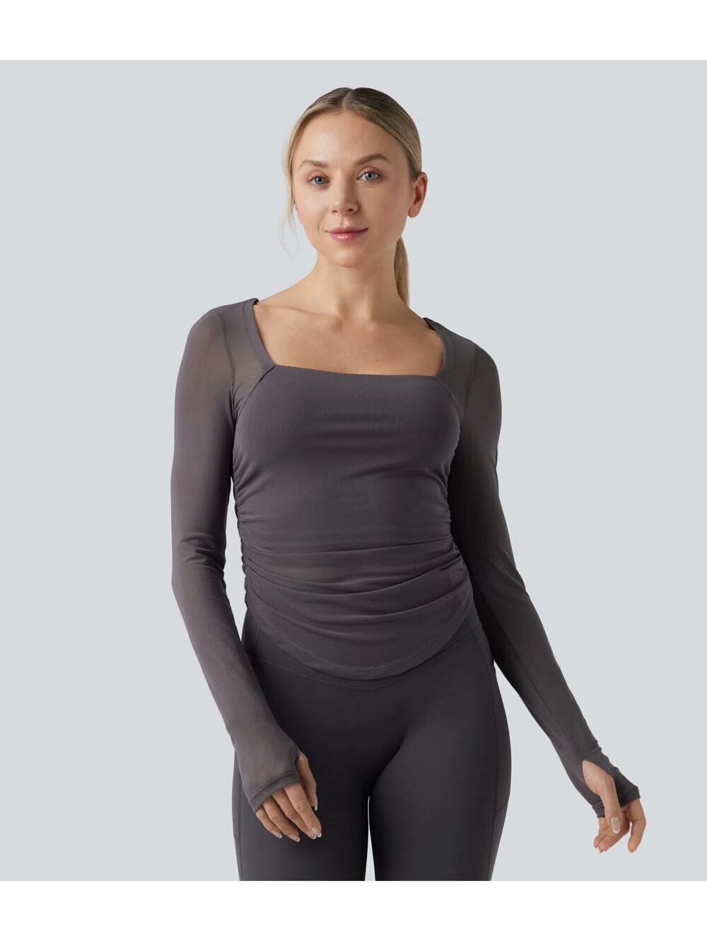 Halara Square Neck Sleeve Thumb Hole Contrast Mesh Ruched 2-in-1 Top Gray Size M